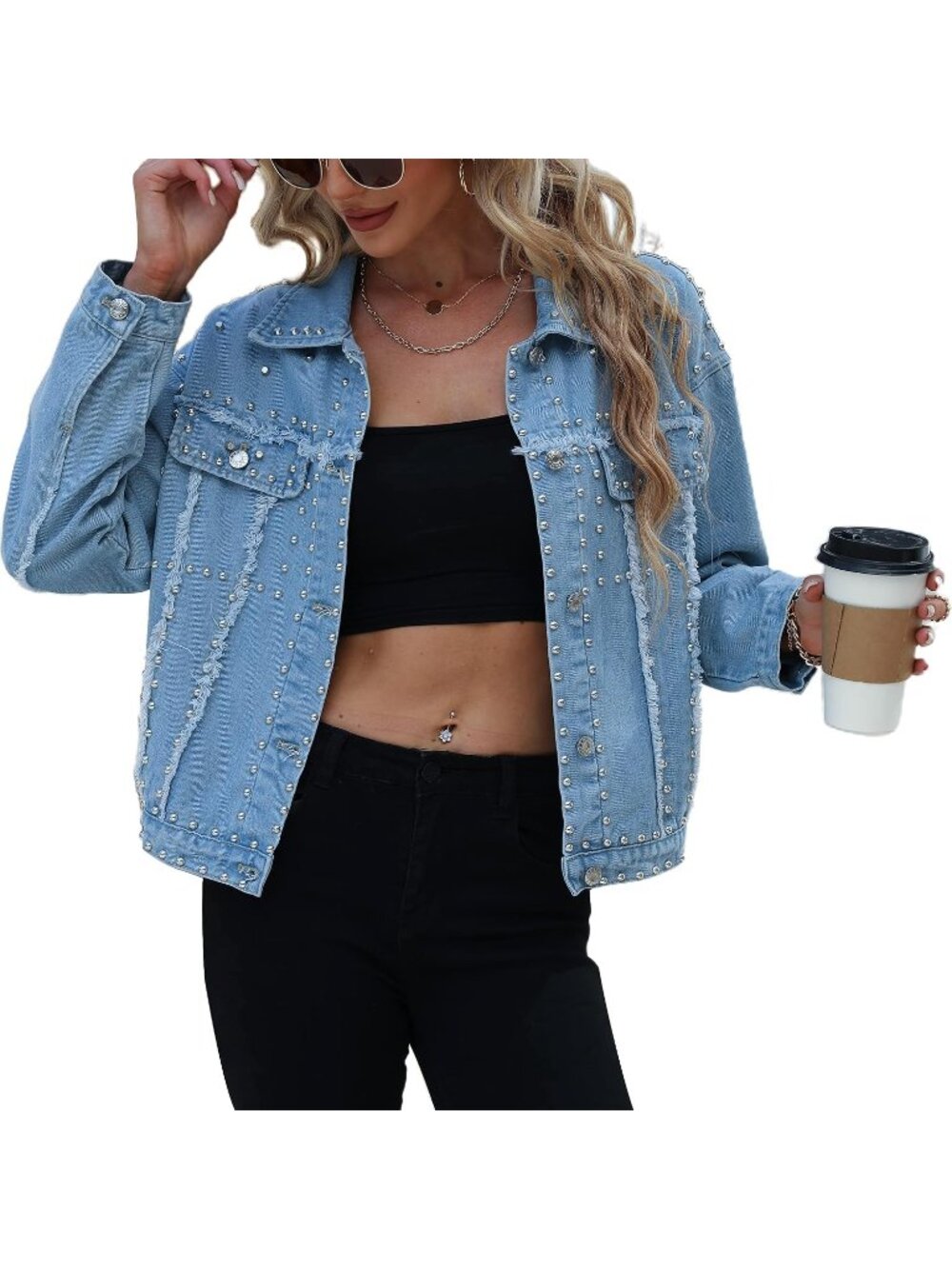 Women's Blue Fashion Crop Fringe Denim Jacket Distressed Western Studded Jacket